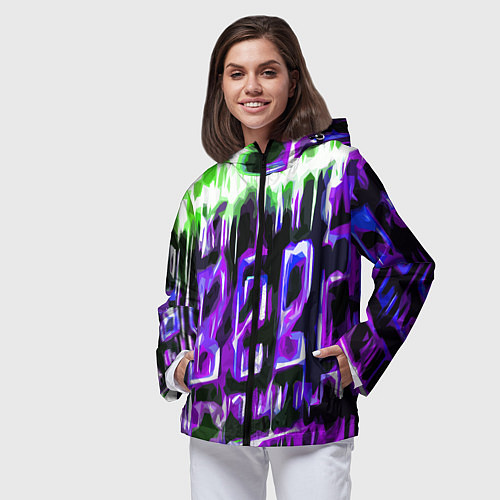 Женская ветровка Фиолетово-зелёная абстракция на чёрном фоне / 3D-Черный – фото 3