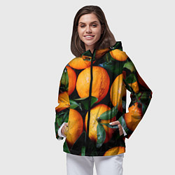 Ветровка с капюшоном женская Гора мандаринов апельсинов и листьев на Новый год, цвет: 3D-черный — фото 2