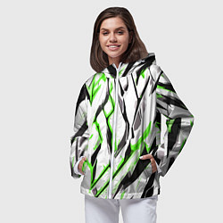 Ветровка с капюшоном женская Чёрно-зелёные агрессивные полосы на белом фоне, цвет: 3D-белый — фото 2