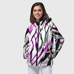 Ветровка с капюшоном женская Чёрно-розовые агрессивные полосы на белом фоне, цвет: 3D-черный — фото 2