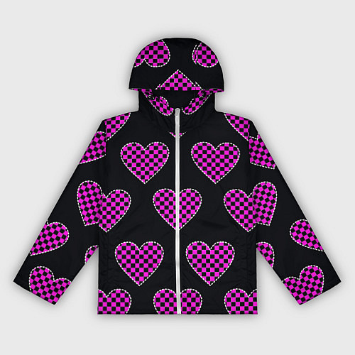 Женская ветровка Эмо клетчатый паттерн - сердце черно розовое / 3D-Белый – фото 1