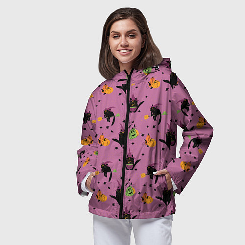 Женская ветровка Хэллоуин и кот ведьмы / 3D-Черный – фото 3