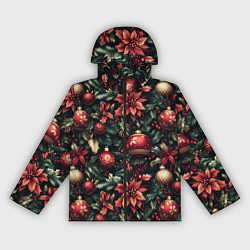 Ветровка с капюшоном женская Паттерн с новогодними украшениями, цвет: 3D-черный