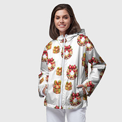 Ветровка с капюшоном женская Много новогодних пончиков и подарков с бантиком и, цвет: 3D-белый — фото 2