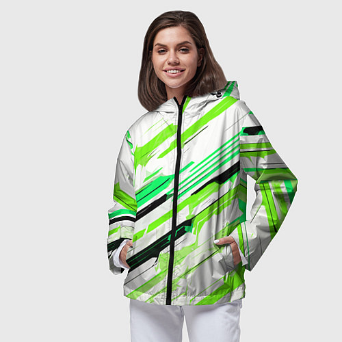Женская ветровка Чёрно-зелёно-салатовые полосы на белом фоне / 3D-Черный – фото 3