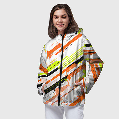 Женская ветровка Оранжево-жёлто-чёрные полосы на белом фоне / 3D-Черный – фото 3