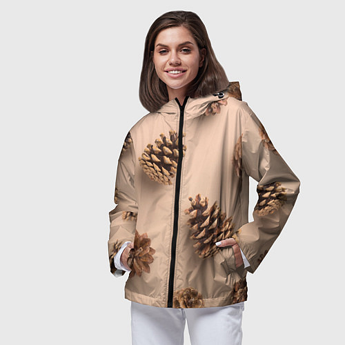 Женская ветровка Еловые шишки на бежевом фоне / 3D-Черный – фото 3
