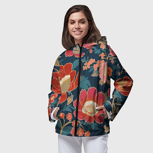 Женская ветровка Искусство алые цветы / 3D-Черный – фото 3