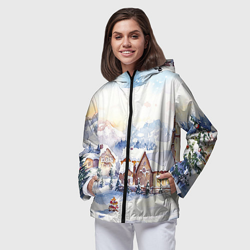 Женская ветровка Новогодний снежный город / 3D-Черный – фото 3