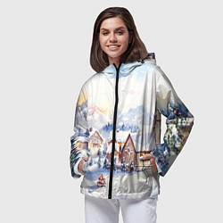 Ветровка с капюшоном женская Новогодний снежный город, цвет: 3D-черный — фото 2