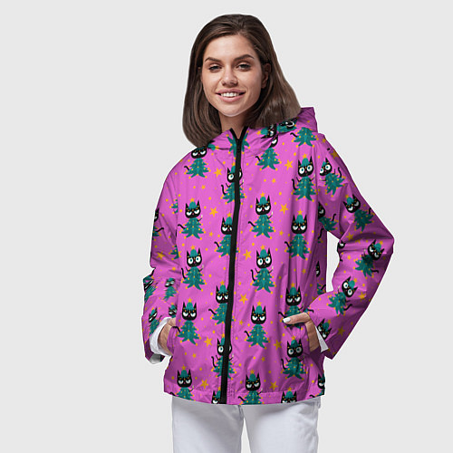 Женская ветровка Черный кот в костюме новогодней елки паттерн / 3D-Черный – фото 3