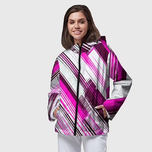 Женская ветровка Розовые диагональные полосы на белом фоне / 3D-Черный – фото 3