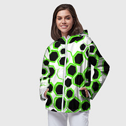 Ветровка с капюшоном женская Чёрно-зелёные шестиугольники на белом фоне, цвет: 3D-белый — фото 2