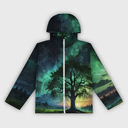 Ветровка с капюшоном женская Дерево под северным сиянием, цвет: 3D-белый