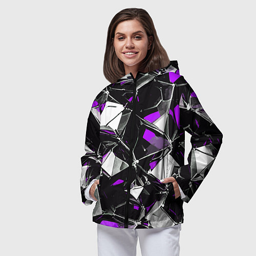 Женская ветровка Фиолетово-белый паттерн на чёрном фоне / 3D-Черный – фото 3