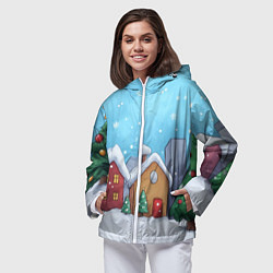 Ветровка с капюшоном женская Домики новогодние, цвет: 3D-белый — фото 2