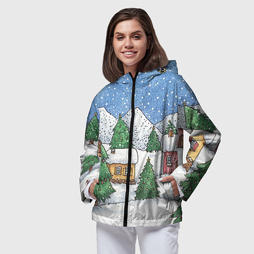 Женская ветровка Домики и елки - новый год / 3D-Черный – фото 3