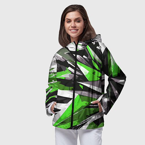Женская ветровка Чёрно-зелёная-белая абстракция / 3D-Черный – фото 3