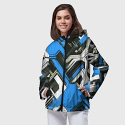 Ветровка с капюшоном женская Сине-белый техно паттерн на чёрном фоне, цвет: 3D-черный — фото 2