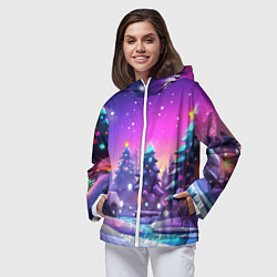 Ветровка с капюшоном женская Новогоднее настроение зимний пейзаж, цвет: 3D-белый — фото 2