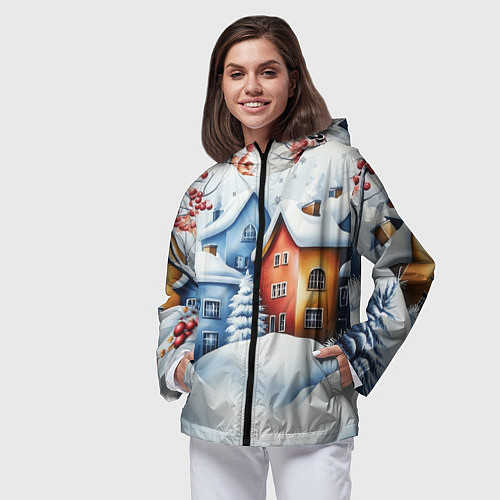 Женская ветровка Зимний новогодний городской пейзаж / 3D-Черный – фото 3