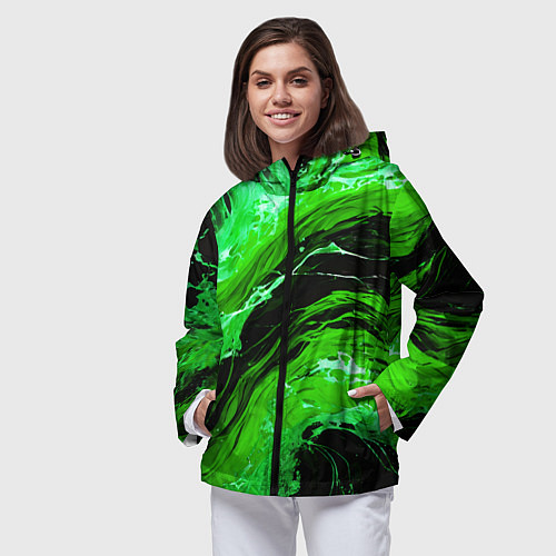 Женская ветровка Зелёные брызги на чёрном фоне / 3D-Черный – фото 3