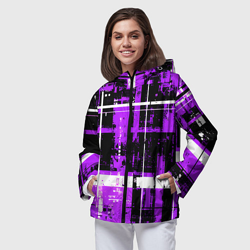 Женская ветровка Фиолетово-белый гранж на чёрном фоне / 3D-Черный – фото 3