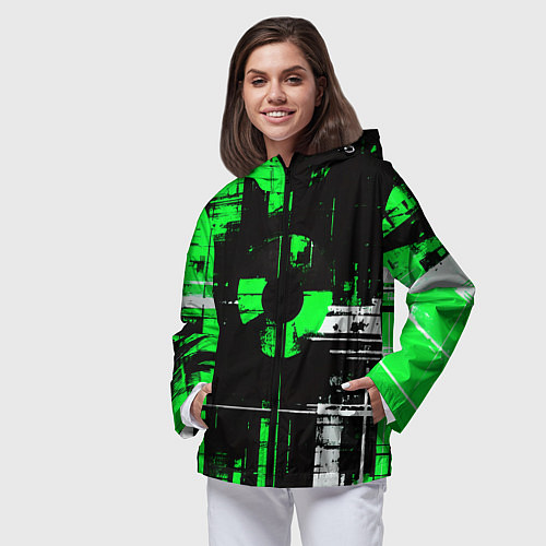 Женская ветровка Зелёно-белый гранж на чёрном фоне / 3D-Черный – фото 3