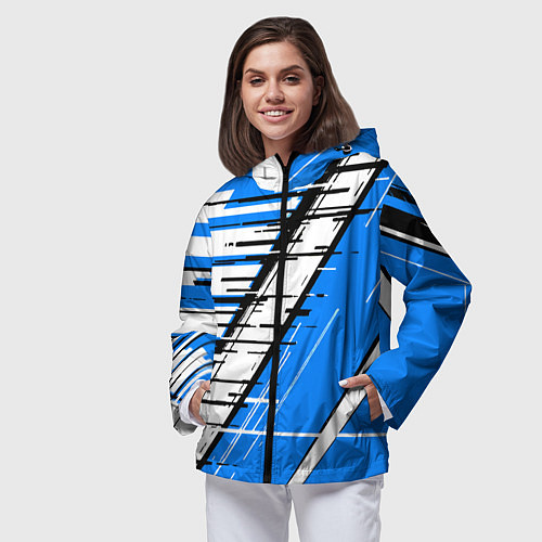 Женская ветровка Чёрно-белые глитч полосы на синем фоне / 3D-Черный – фото 3