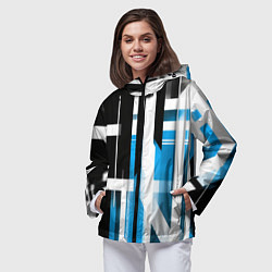 Ветровка с капюшоном женская Чёрно-синие вертикальные и горизонтальные полосы н, цвет: 3D-черный — фото 2
