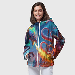 Ветровка с капюшоном женская Огнедышащий дракон против осьминога - нейроарт фан, цвет: 3D-белый — фото 2
