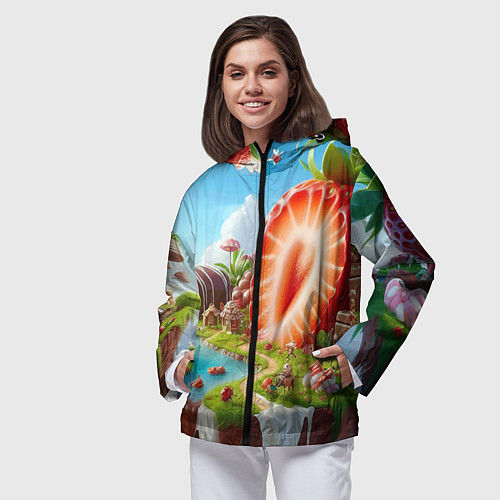 Женская ветровка Клубничная планета - нейроарт фантазия / 3D-Черный – фото 3