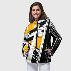 Ветровка с капюшоном женская Чёрно-белые абстрактные линии на жёлтом фоне, цвет: 3D-черный — фото 2