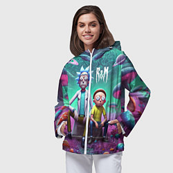 Ветровка с капюшоном женская Рик и Морту на сказочной грибной планете - нейроар, цвет: 3D-белый — фото 2