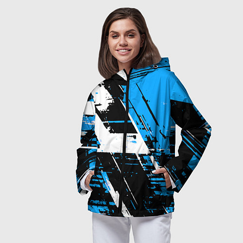 Женская ветровка Diagonal black and white stripes on a blue backgro / 3D-Черный – фото 3