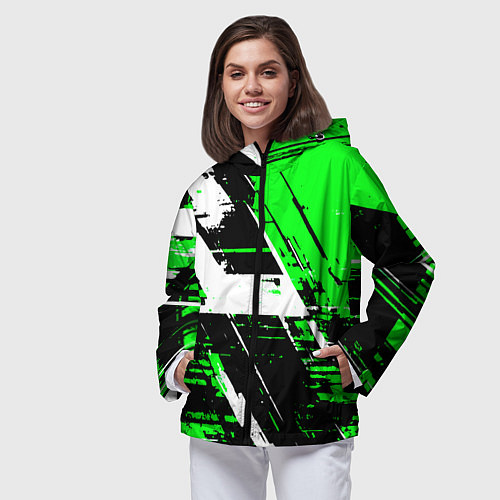 Женская ветровка Diagonal black and white stripes on a green backgr / 3D-Черный – фото 3