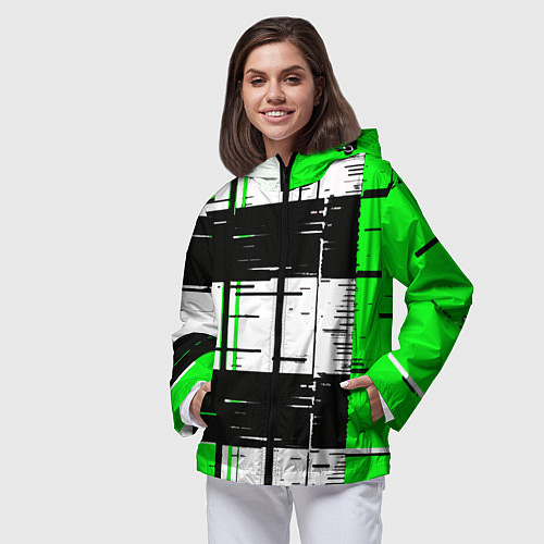 Женская ветровка Зелёные и чёрные полосы на белом фоне / 3D-Черный – фото 3