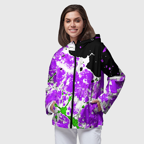 Женская ветровка Зелёно-фиолетовая абстракция на чёрном фоне / 3D-Черный – фото 3
