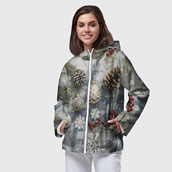 Ветровка с капюшоном женская Новогодние игрушки и шишки, цвет: 3D-белый — фото 2