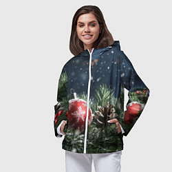 Ветровка с капюшоном женская Новогодний шар и шишка, цвет: 3D-белый — фото 2