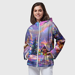 Ветровка с капюшоном женская Дух рождества - зимние домики, цвет: 3D-белый — фото 2