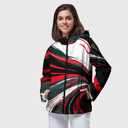 Женская ветровка Волнистые чёрно-красные линии на белом фоне / 3D-Черный – фото 3