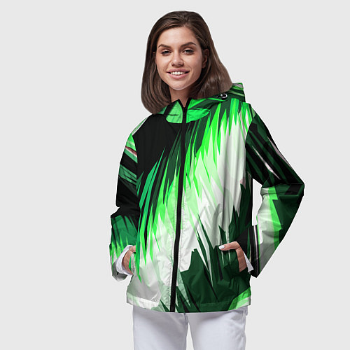 Женская ветровка Зелёно-белая абстракция на чёрном фоне / 3D-Черный – фото 3