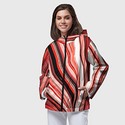 Ветровка с капюшоном женская Волнистые вертикальные чёрно-красные полосы, цвет: 3D-черный — фото 2
