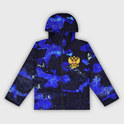 Ветровка с капюшоном женская Синий потертый камуфляж и герб РФ, цвет: 3D-черный