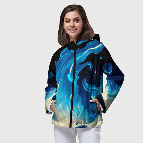Женская ветровка Бело-синее пламя из абстрактных красок / 3D-Черный – фото 3