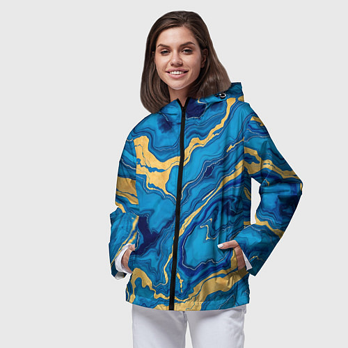 Женская ветровка Синий мрамор с золотом / 3D-Черный – фото 3