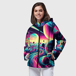 Ветровка с капюшоном женская Неоновый разноцветный космос, цвет: 3D-черный — фото 2