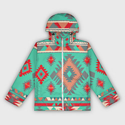 Ветровка с капюшоном женская Оранжево бирюзовый геометрический узор в стиле ацт, цвет: 3D-белый