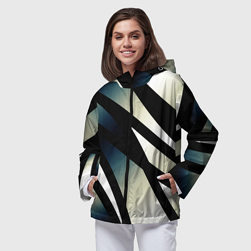 Женская ветровка Чёрно-белый с синим затемнением полосы / 3D-Черный – фото 3